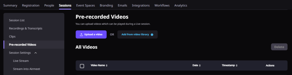 Upload your video to the Airmeet platform